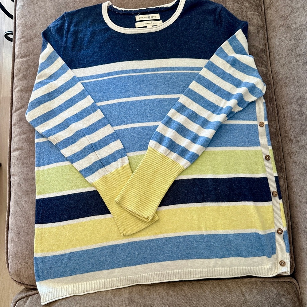 BEACAN COVE Women’s Striped Crewneck Sweater Nautical Retro Side Buttons Sz 20